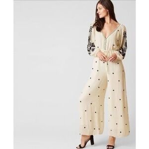 Free People Embroidered Wide Leg Jumpsuit size L Ivory Black Boho Bohemian Long